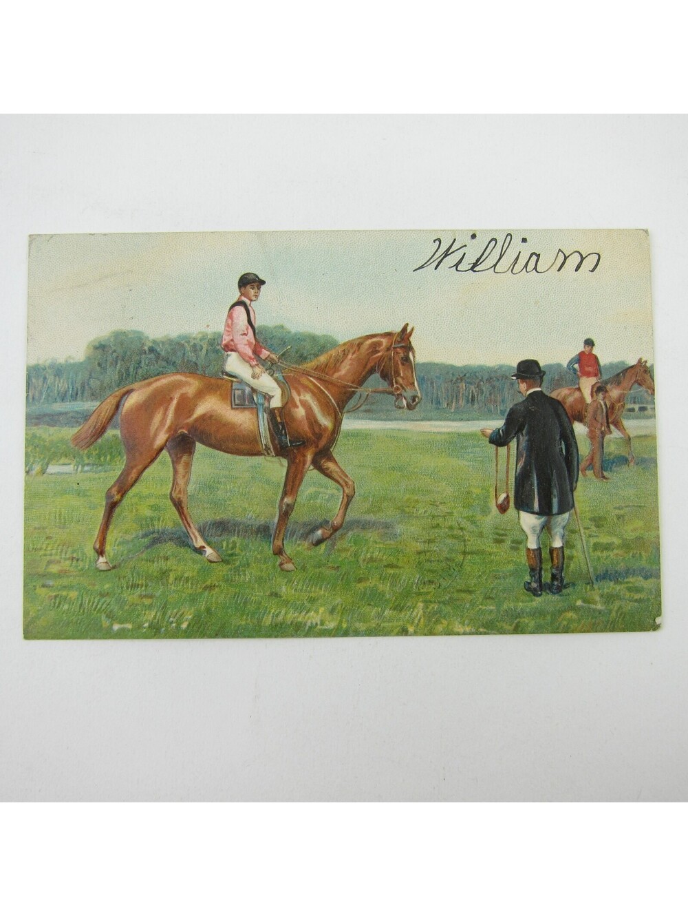 Postcard Horse Race Jockeys Ride Brown Horses Embossed Antique